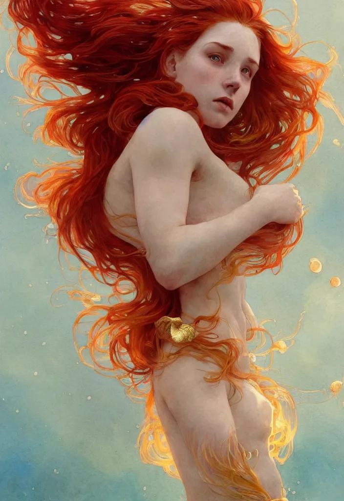 Image similar to beautiful watercolor painting of a young red hair woman swimming, surrounded by golden fish, intricate, elegant, highly detailed, digital painting, artstation, concept art, smooth, sharp focus, art by krenz cushart and artem demura and alphonse mucha, dynamic lighting, full body shot, ultrarealistic, cinematic, octane render, 8 k