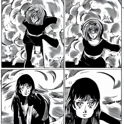 Image similar to Manga Panels, Mila Kunis summons a black spiral void from the sky by Junji Ito, Kim Jung Gi