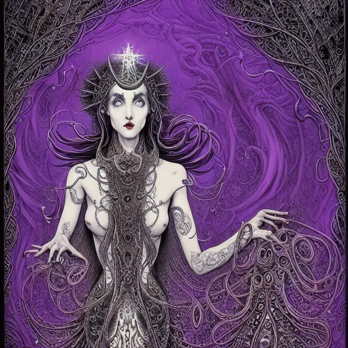 Image similar to depicting a highly detailed beautiful lovecraftian female priestess, in the style of joe fenton, dynamic energetic pose, exuberant organic elegant forms, perfect face, pale skin, by dan hillier : : 1. 4 purple, red, blue, green, black intricate mandala explosions : : intuit art : : turbulent water backdrop : : damask wallpaper : : atmospheric