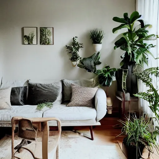 Prompt: a living room with plants and a painting on the wall, featured on tumblr, light and space, sanctuary, soft light, aesthetic