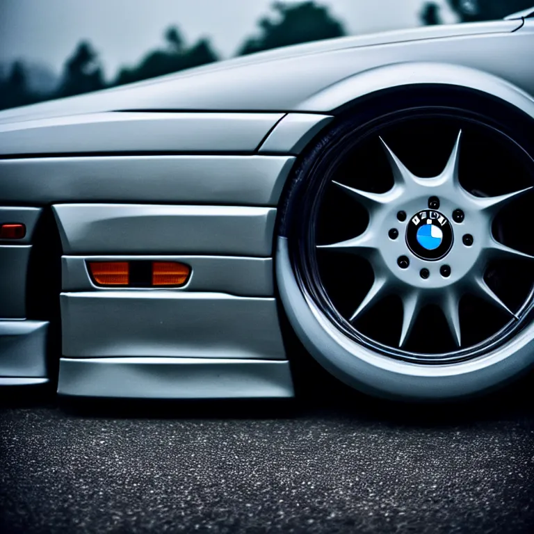 Image similar to close-up-photo BMW E36 illegal JDM meet, Saitama prefecture, misty night, cinematic color, photorealistic, high detailed wheels, highly detailed