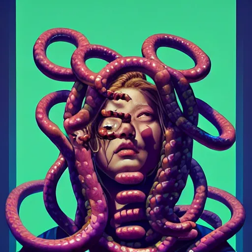 Image similar to medusa with sausages instead of snakes. replace snakes with sausages. intricate abstract. intricate artwork. by tooth wu, wlop, beeple, dan mumford. trending on artstation, greg rutkowski very coherent symmetrical artwork. cinematic, hyper realism, high detail, octane render, 8 k, iridescent accents