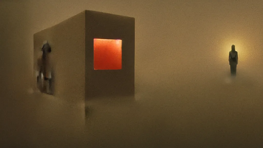 Image similar to cube man, film still from the movie directed by denis villeneuve and david cronenberg with art direction by salvador dali and zdzisław beksinski, wide lens