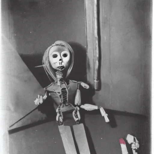 Image similar to female alive, creepy marionette puppet, horrific, unnerving, clockwork horror, pediophobia, lost photograph, dark, forgotten, final photo found before disaster, human laying unconscious in the background, polaroid, concrete room