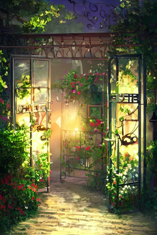 Image similar to a little flower shop's front gate, refreshing, digital illustration, dramatic lighting, pixiv