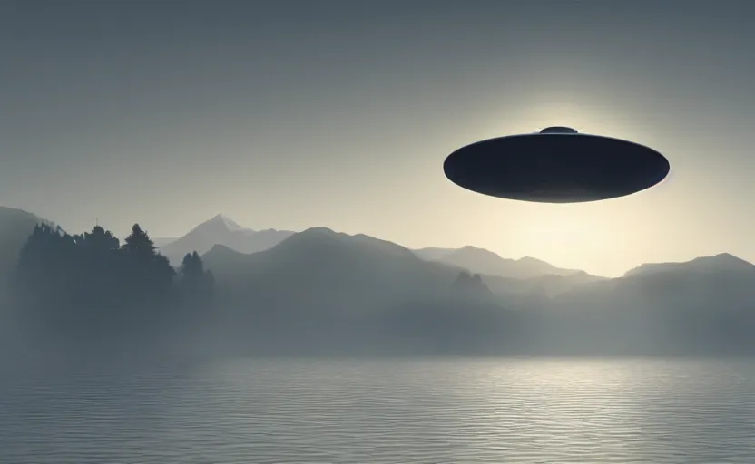 Prompt: a strange lake directed by charlie kaufman ( 2 0 0 1 ) anamorphic lenses, a ufo flying saucer in the sky above, foggy volumetric light morning, a beam of light from the heavens, cinematic trending on artstation in the style of greg rutkowski