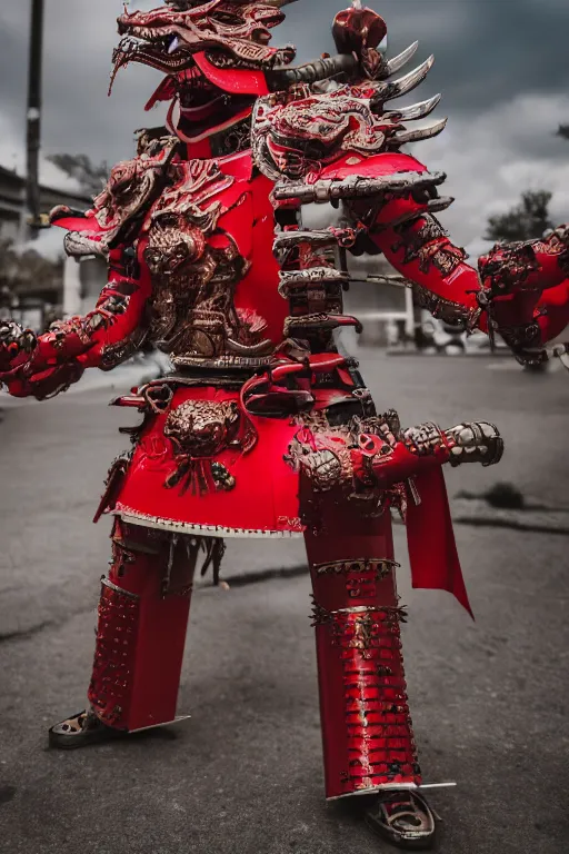 Prompt: photography of a mechanical dragon samurai in red japanese armor taken with Leica M11