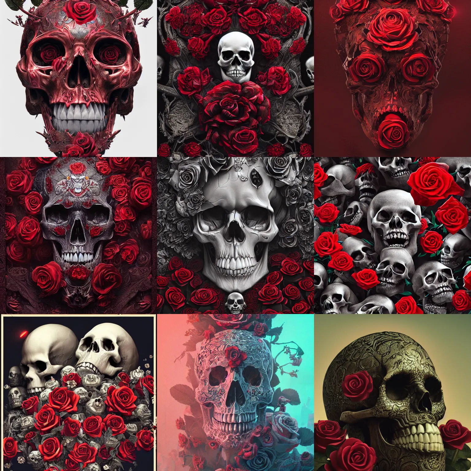 Prompt: skulls and roses, intricate artwork by Tooth Wu and wlop and beeple. octane render, trending on artstation, greg rutkowski very coherent symmetrical artwork. cinematic, hyper realism, high detail, octane render, 8k, red and black tones