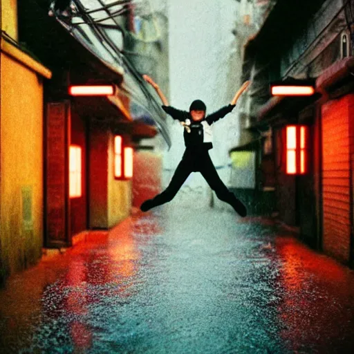 Image similar to 1990s perfect 8K HD professional cinematic photo of close-up japanese schoolgirl jumping in dystopian alleyway with neon signs, at evening during rain, at instagram, Behance, Adobe Lightroom, with instagram filters, depth of field, taken with polaroid kodak portra