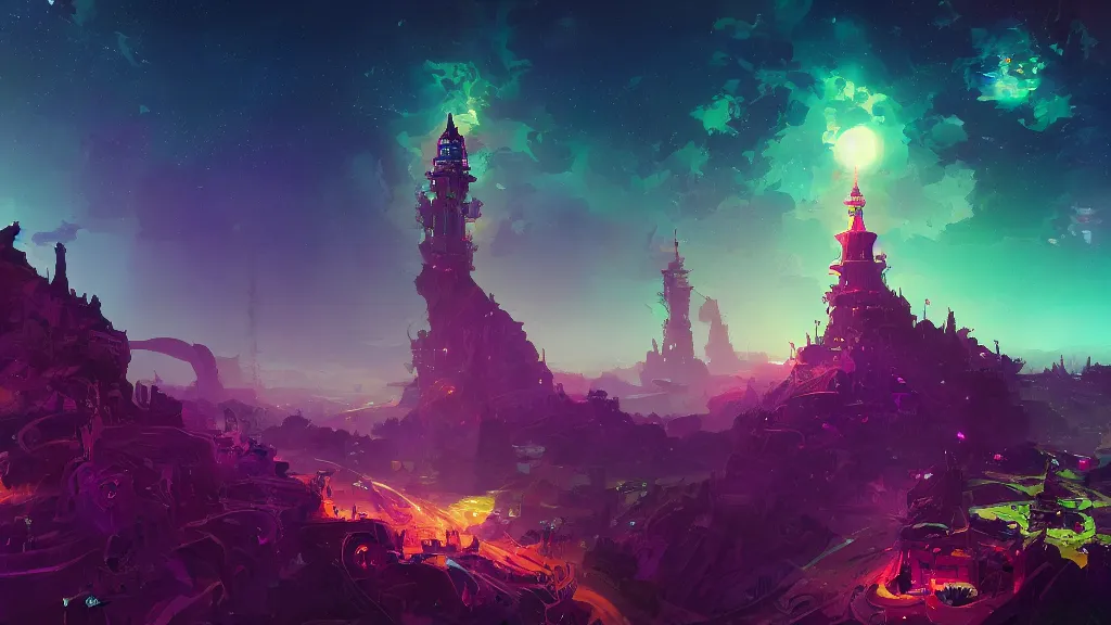 Prompt: looking from space at green sea and dark purple illusion tower in the back, ornate and intricate, by greg rutkowski, by anton fadeev, by rhads, 4 k