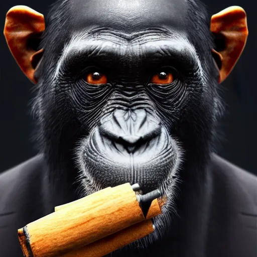 Image similar to a high detail closeup shot of a chimp wearing a suit 👔,and smoking a cigarrette🚬, cgcosiety, artstation, unreal engine, realism