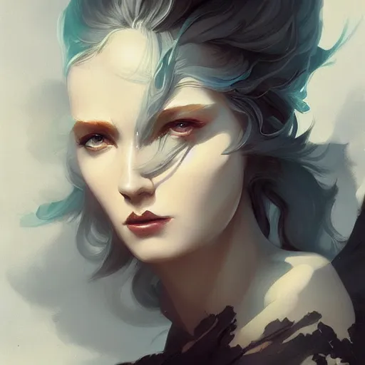 Prompt: beautiful portrait of an angelic aesthetic stunning noir woman by Peter Mohrbacher and Ross Tran, cgsociety, artstation