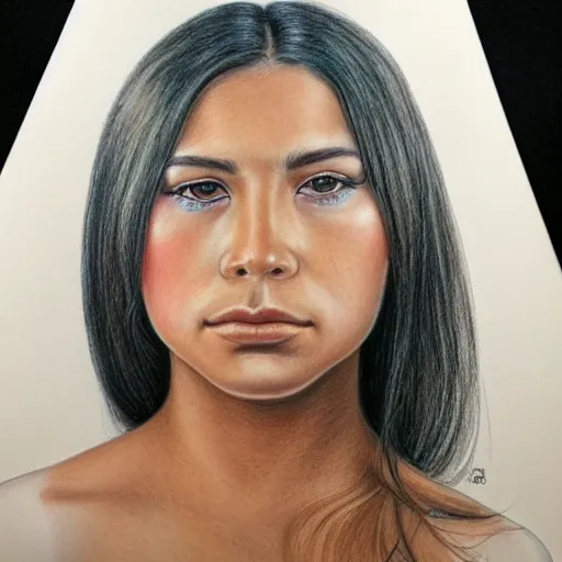 Prompt: ultra detailed colored pencil drawing of a stunningly beautiful first nation girl, style bellerose and desjarlais,