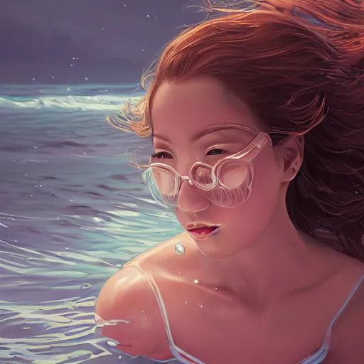 Prompt: Portrait of a woman swimming in the ocean by Rossdraws, highly detailed, ultra detailed, ultra realistic, trending on artstation