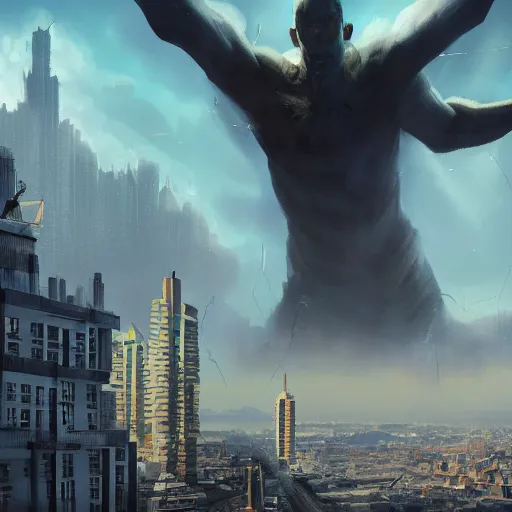 Prompt: giant 500 foot tall man destroying the city, matte painting, concept art, 4k