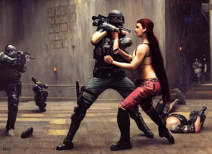 Image similar to Maria evades sgt Griggs. Cyberpunk ninja escaping Menacing Cyberpunk police trooper griggs. (dystopian, police state, Cyberpunk 2077, bladerunner 2049). Iranian orientalist portrait by john william waterhouse and Edwin Longsden Long and Theodore Ralli and Nasreddine Dinet, oil on canvas. Cinematic, vivid colors, hyper realism, realistic proportions, dramatic lighting, high detail 4k