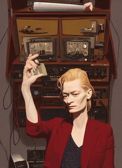 Image similar to Twin Peaks poster artwork by Michael Whelan, Bob Larkin and Tomer Hanuka, Karol Bak of portrait of radio host Tilda Swinton hanging out in her studio radio sound booth, from scene from Twin Peaks, simple illustration, domestic, nostalgic, from scene from Twin Peaks, clean, cover of New Yorker magazine, 1980s book cover, 1990s