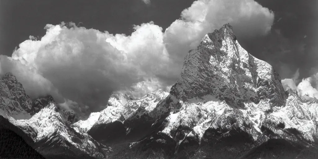 Image similar to tall mountains covered in snow with huge clouds, photo by Ansel Adams,