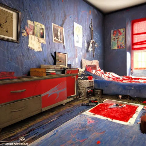 Prompt: male artist's messy, cluttered, dirty bedroom with black wallpaper with blue floral pattern and a bold red christian cross on the wall. christian items covering floor and wall. realistic, highly detailed, sharp focus, volumetric lighting, full shot, 3 5 mm, unreal engine,