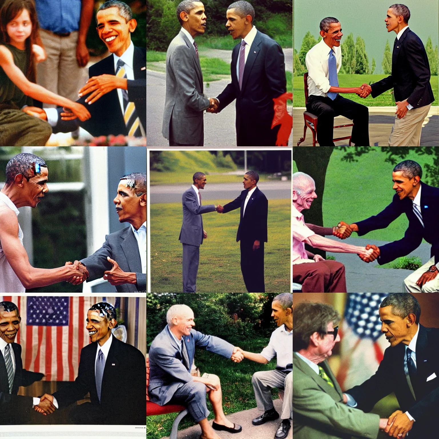 Prompt: A long-shot , color photograph portrait of Gollum shake hands with Obama, summer, day lighting, 1990 photo from photograph Magazine.