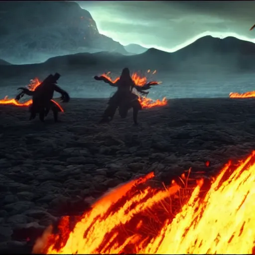 Image similar to epic battle between two wizards, lava in the background, cinematic, establishing shot