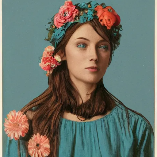 Prompt: a portrait of beautiful nordic woman wearing a folkdrakt dress, summers flowers headband on her head, against a teal blue background