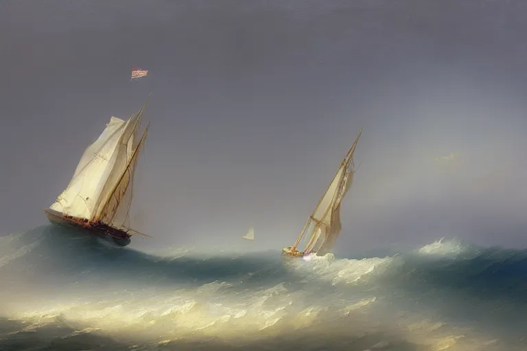 Prompt: a painting of a sailboat in the ocean by ivan aivazovsky, deviantart, american scene painting, matte painting, oil on canvas, deviantart