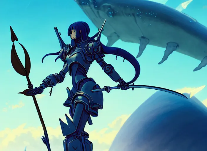 Prompt: close up of a mech armor witch holding a trident, extremely beautiful and aesthetic and detailed cute face and body, back shark fin, big wave horizon, specular reflection, occlusion shadow, dynamic pose, slightly smiling, blue sky, big blade whale and black giants minotaurus, fantasy illustrations, by makoto shinkai and peter mohrbacher and ferdinand knab