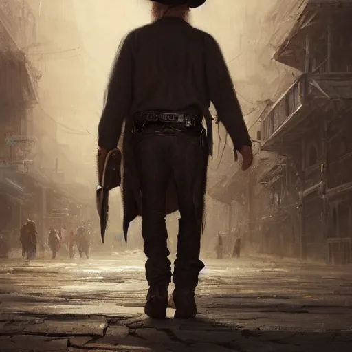 Image similar to portrait of a man with a long duster, grey hair and a cowboy hat walking in a western town, hard good looking face, middle aged, drawn by Ruan Jia, fantasy art, dramatic lighting, digital art, 8k, highly detailed