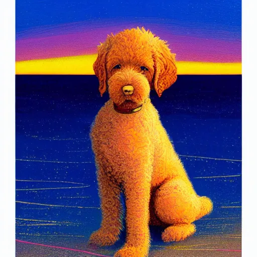 Prompt: labradoodle pup on the beach, sunset, oil painting victo ngai