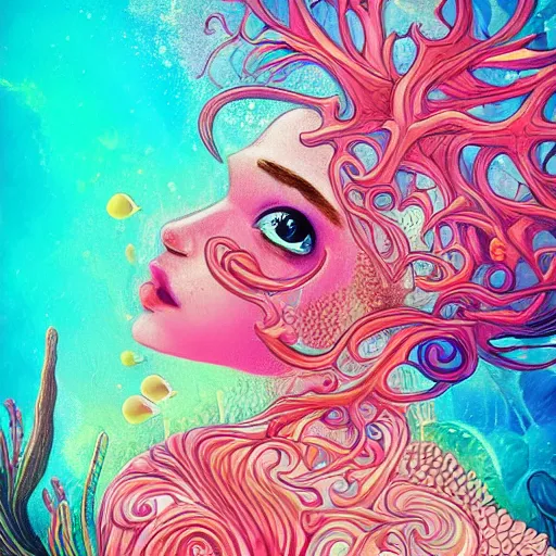 Prompt: coral underwater colorful, fantasy, intricate, highly detailed, little fish and sea life digital painting, hd, trending on artstation, illustration, fine lines, sharp edges, colourful, attractive woman, swimming,