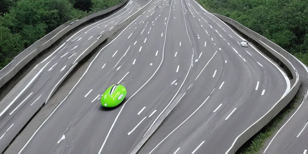 Image similar to ”car made of peapod driving in a highway”