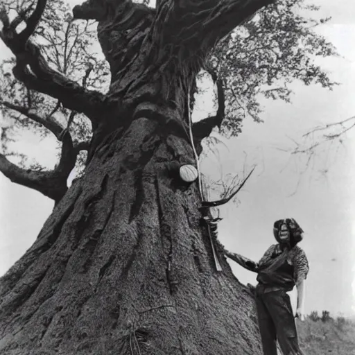 Image similar to A vintage photograph of a real fantasy giant holding a tree as a mace W- 768