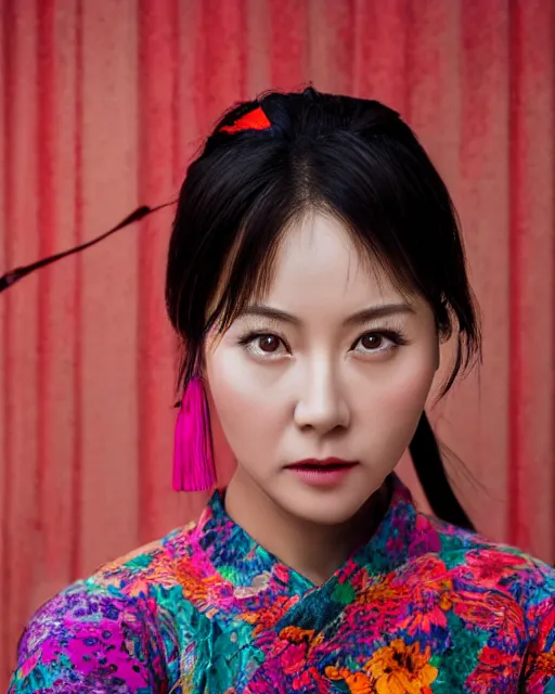 Image similar to photo portrait of chinese actress in real life by Steve McCurry, colorful, sharpen, 4k, 85mm, award winning, realistic, professional light