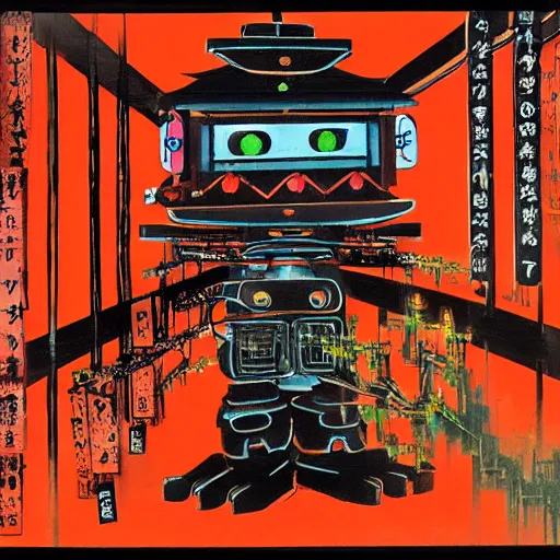 Image similar to a fully wired neon robot at fushimi inari taisha, oil on canvas hanafuda by dave mckean, ivan shishkin and james jean