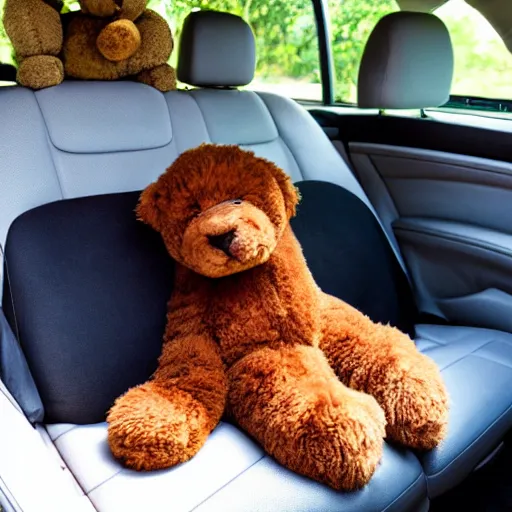 Image similar to a photo of a goldendoodle sleeping on the backseat of a car with a teddy bear next to it