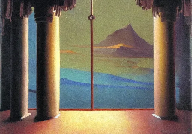 Prompt: a detailed oil painting of a large ball room, pillar, ominous,, curtains, by nicholas roerich, by frank frazetta, by hans emmenegger, by bruce pennington, by eyvind earle, moisture, grainy, highly detailed, realistic, outline, line,