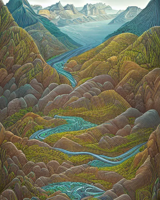 Prompt: mountaintop river flat illustration by jacek yerka trending on artstation