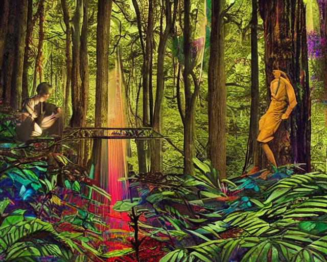 Image similar to edgar cayce and aldous huxley in a forest, epic colorful hyper detailed award winning photography