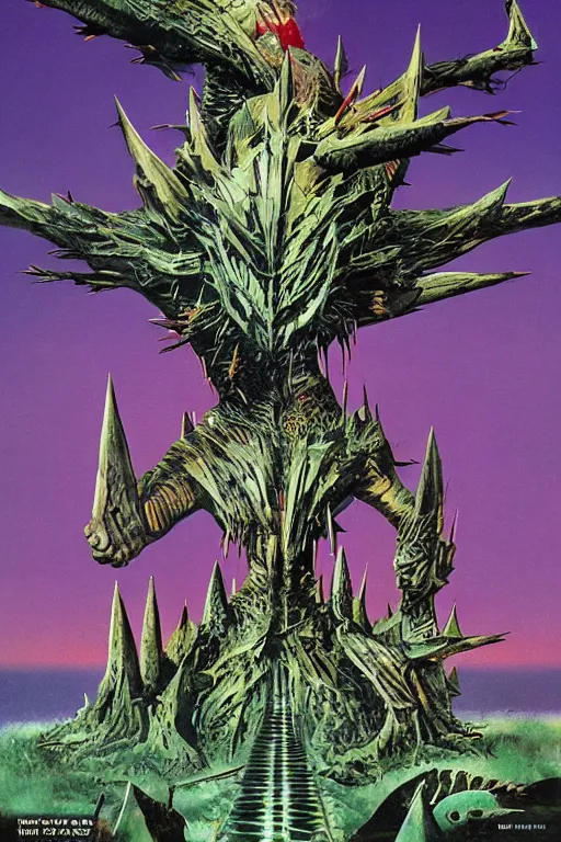 Prompt: a tokusatsu monster realistic with iron spikes album cover by roger dean