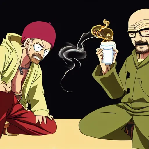 Image similar to walter white smoking a joint with jesse pinkman, in One Piece Anime Series, 4k Resolution.