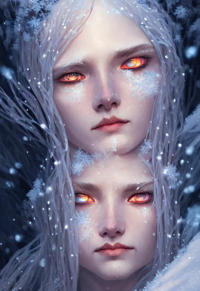 Image similar to a head and shoulders shot of a beautiful ancient frost witch, eye fire, snow glow, snowfall, highly detailed, digital painting, artstation, sharp focus, illustration, art by tan zi and ayanamikodon and alphonse mucha and wlop