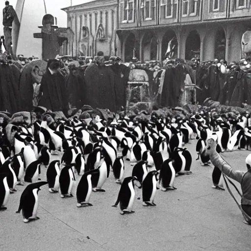 Prompt: penguins capturing Pope John Paul the second from Peter's square