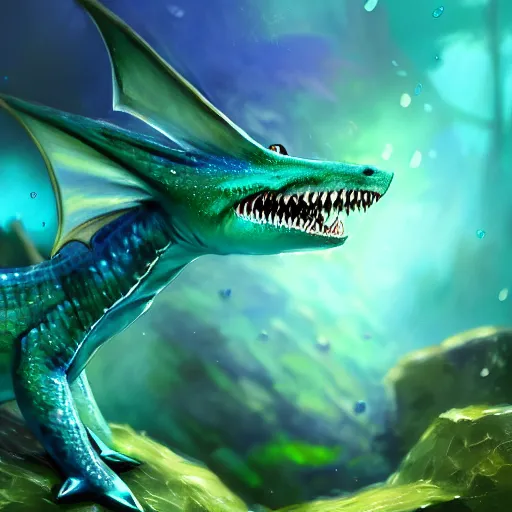 Prompt: Handsome Adorable cute blue and green dragon underwater swimming, dnd character, background focus, fantasy, magic, realistic textured skin, fish scales, shark fins, fun pose, big eyes, clear clean, by lya kushinov, Avetetsuya Studios, Alexandra Fomina artstation, by Makoto Shinkai, digital 2D, matte painting