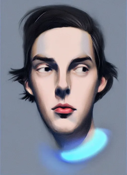 Image similar to portrait of teenage jughead jones wearing a light grey crown, crown, blue turtleneck, 1 9 5 0 s, closed eyes, photorealistic, black hair, glowing lighting, intricate, elegant, glowing lights, highly detailed, digital painting, artstation, concept art, smooth, sharp focus, illustration, art by wlop, mars ravelo and greg rutkowski