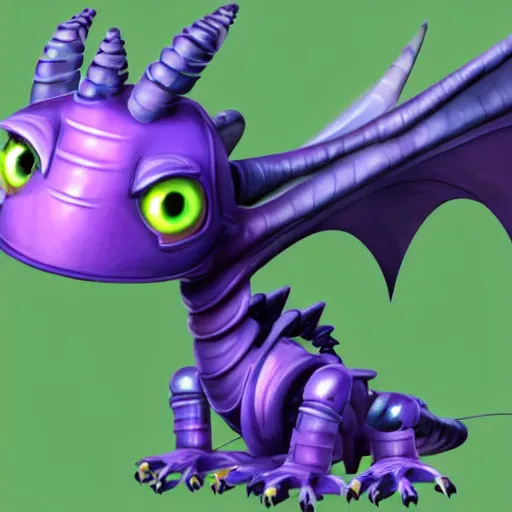 Image similar to very cute small purple robototechnic dragon with well-designed head and four legs looking like Spyro,Disney, digital art