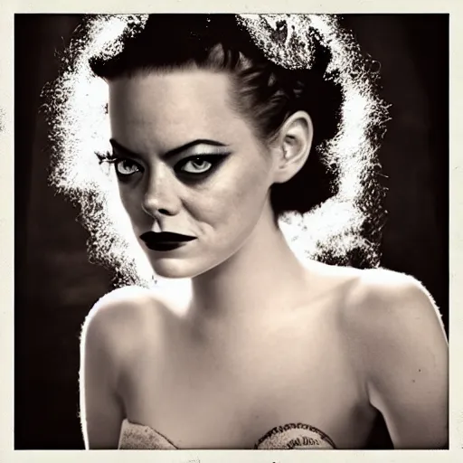 Image similar to emma stone as the bride of frankenstein, bride of frankenstein hair, universal, movie, photography, portrait, beautiful,