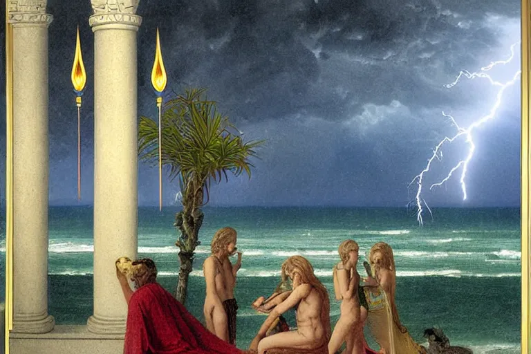 Image similar to Occult spirit on front of balustrade and palace columns, refracted lightnings on the ocean, thunderstorm, tarot cards characters, beach and Tropical vegetation on the background major arcana sky and occult symbols, by paul delaroche, hyperrealistic 4k uhd, award-winning, very detailed paradise