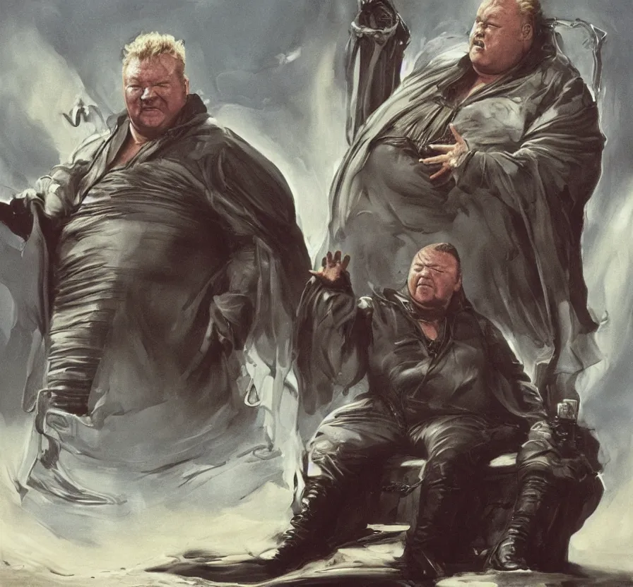 Image similar to ray winstone as baron harkonnen sitting on throne in dystopian science fiction hall in 1982 movie dune, by boris vallejo