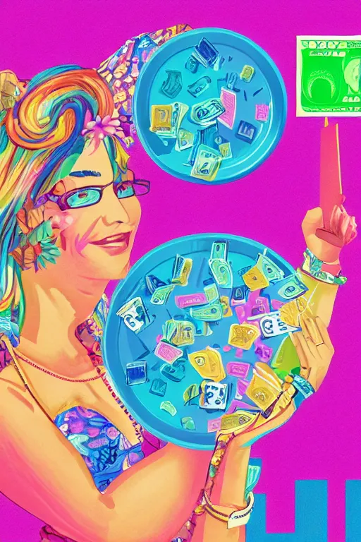 Image similar to a weight with a businesswoman on the left plate and cash on the right plate. illutration by Lisa Frank, minimalist art